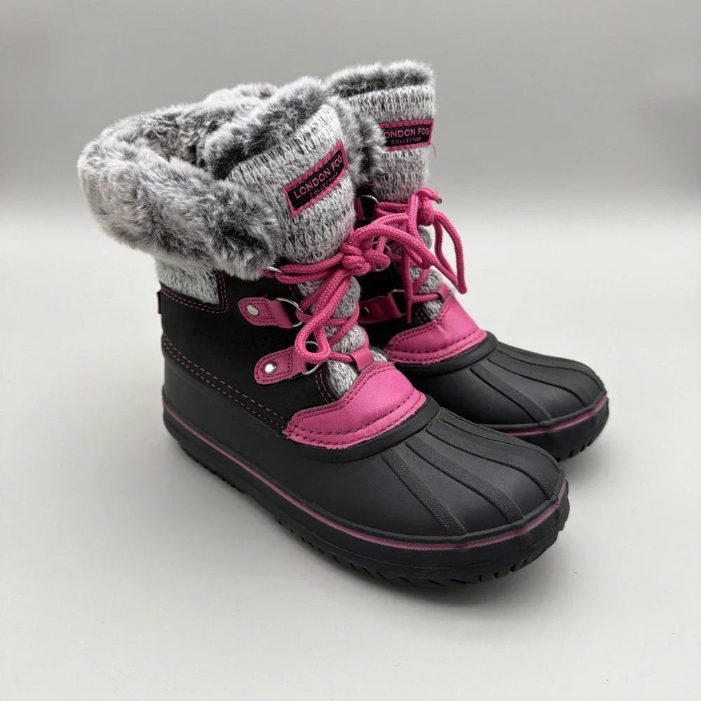 London Fog Faux Fur Lined Rubber Sweater Winter Boots Girls Sz 4 Bl/Pink